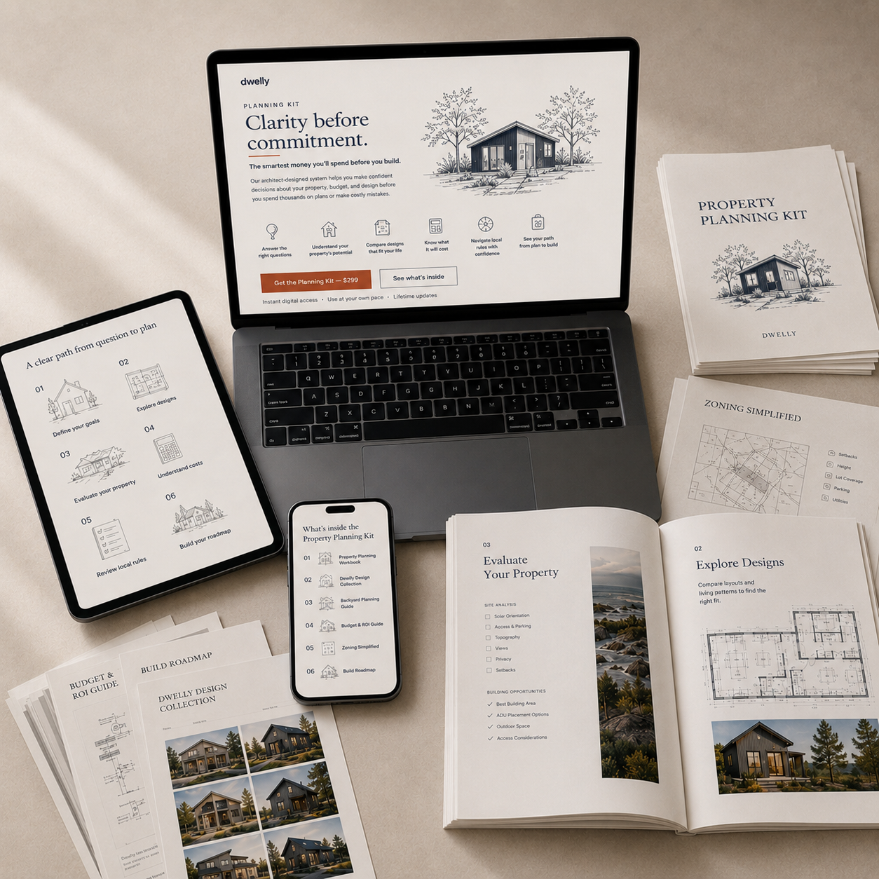 Property Planning Kit shown with an open planning workbook, laptop, tablet, phone, and printed guides