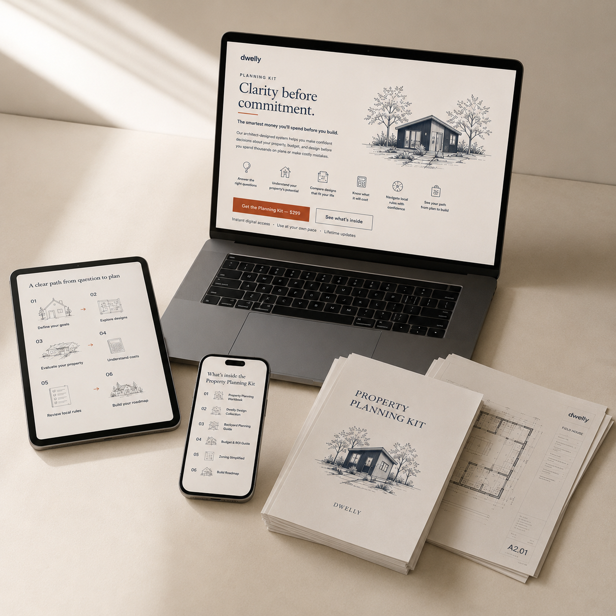 Property Planning Kit shown across a laptop, tablet, phone, printed guide, and architectural plans
