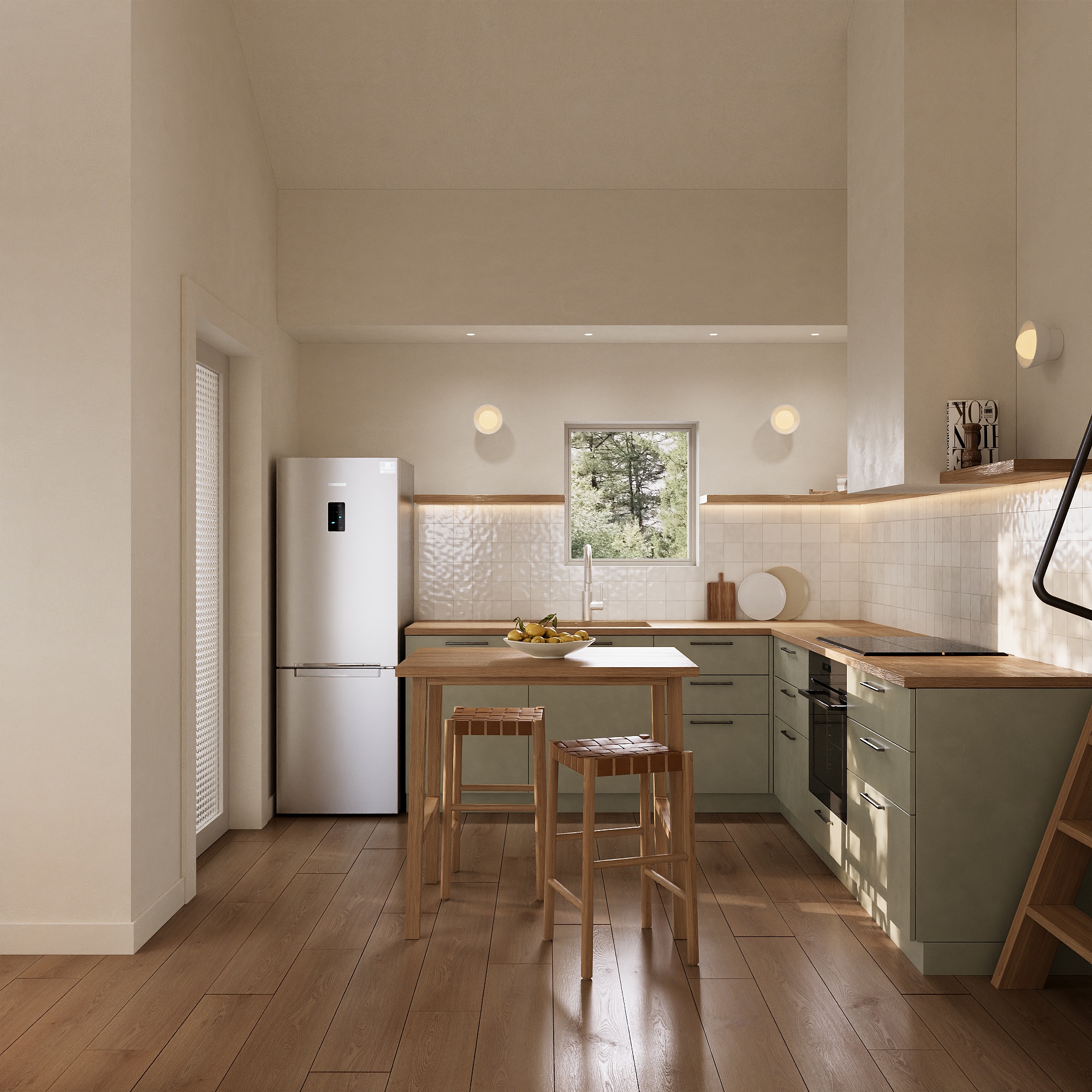 A modern kitchen featuring light-colored walls, green cabinets, a white refrigerator, and a wooden dining table with stools. Natural light is streaming through a window, and a bowl of bananas sits on the table.
