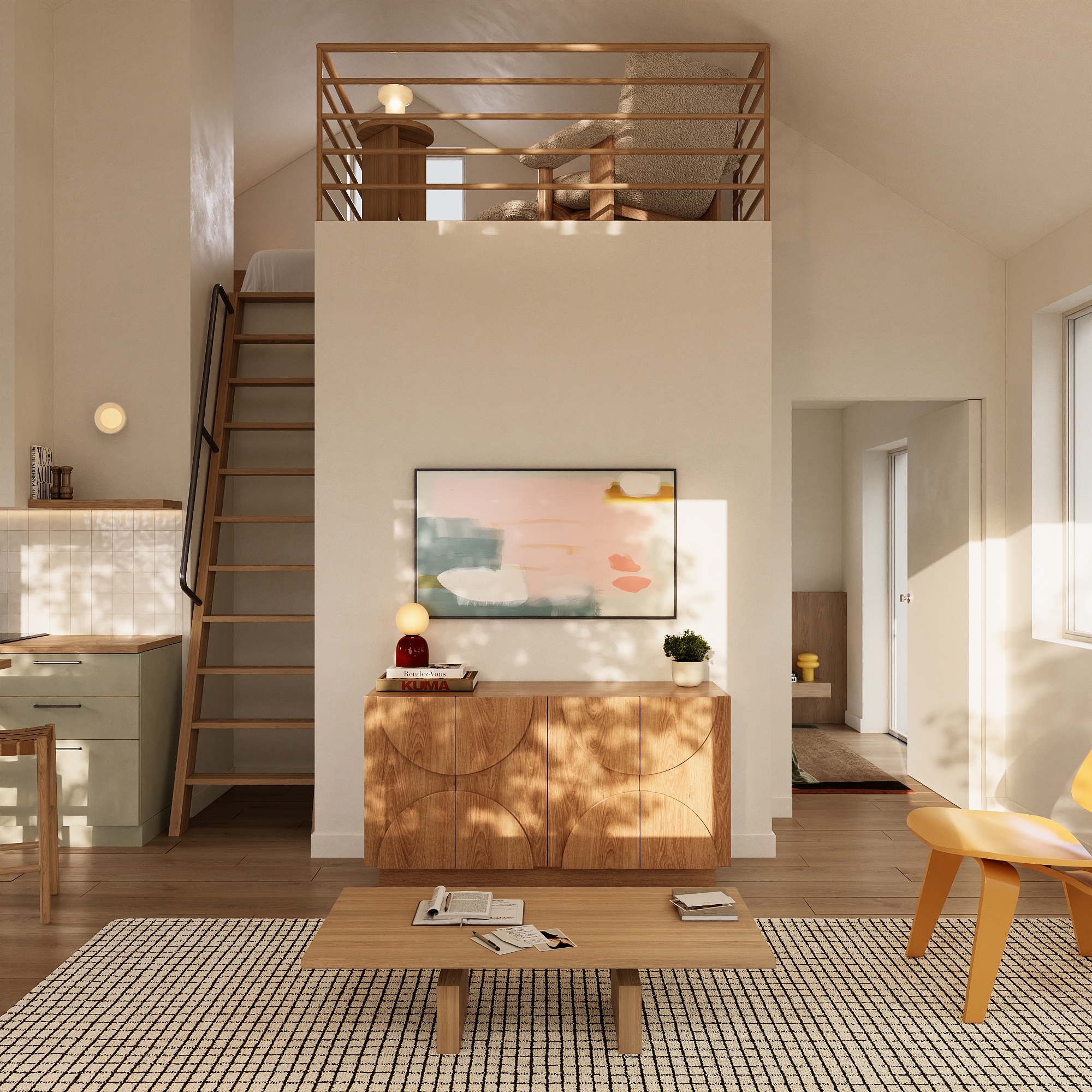 Cozy, modern interior of a living room featuring a wooden coffee table, a minimalist sideboard with decorative items, a staircase leading to a loft area, and large windows allowing natural light to illuminate the space.