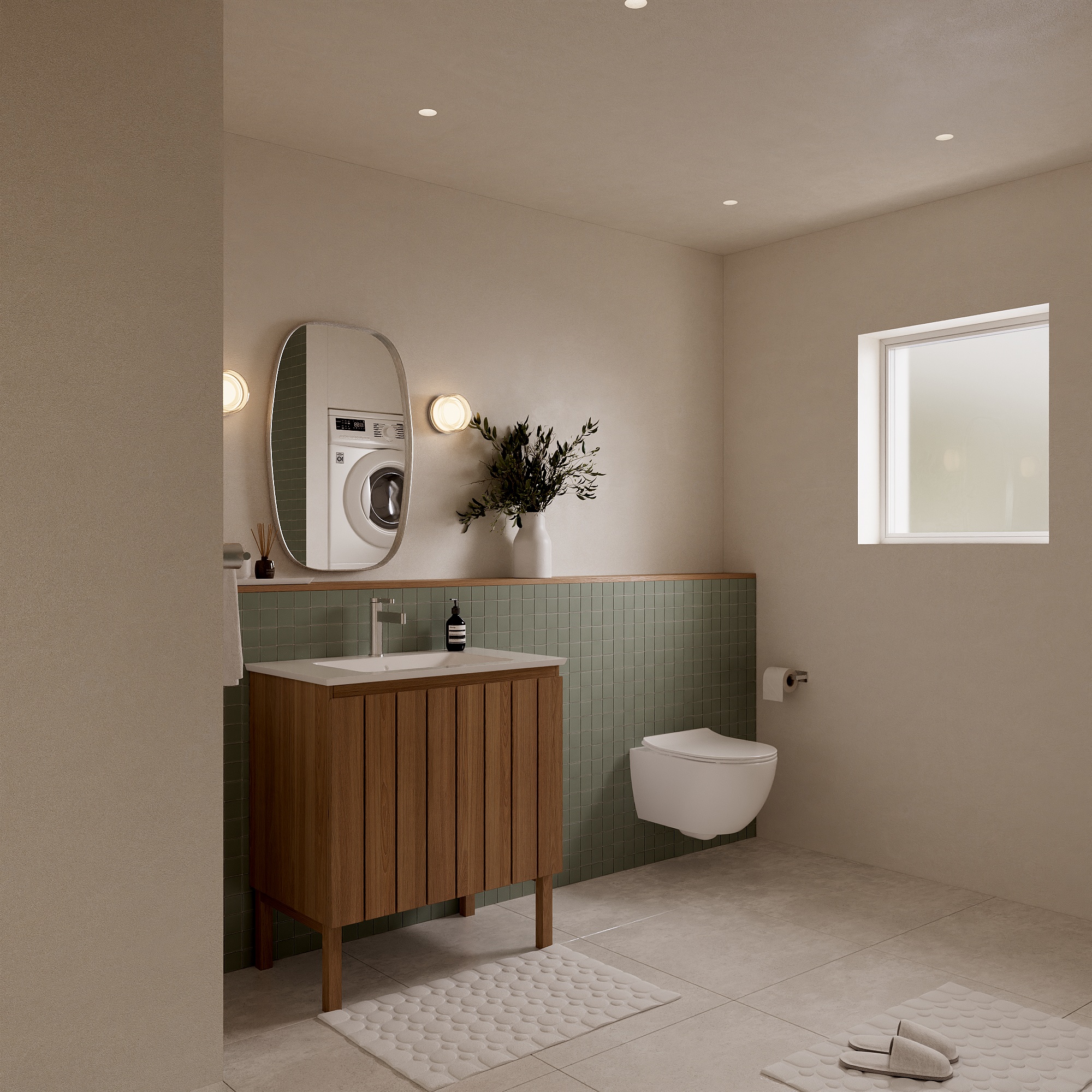 A modern bathroom featuring a wooden vanity with a sink, a large mirror, a green tiled backsplash, a laundry machine, a wall-mounted toilet, and a window for natural light.